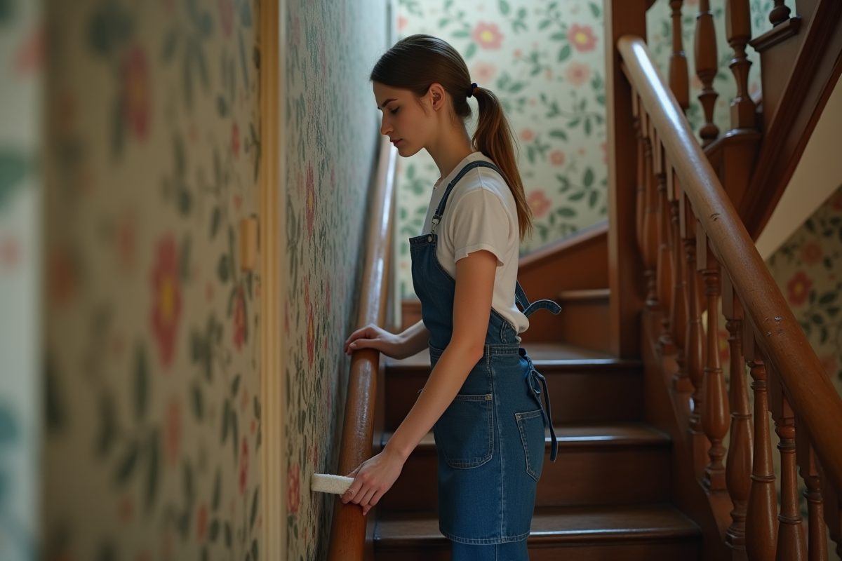 Jeune femme nettoyant la rampe d