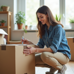 Jeune femme étiquetant une boîte de déménagement dans un salon lumineux
