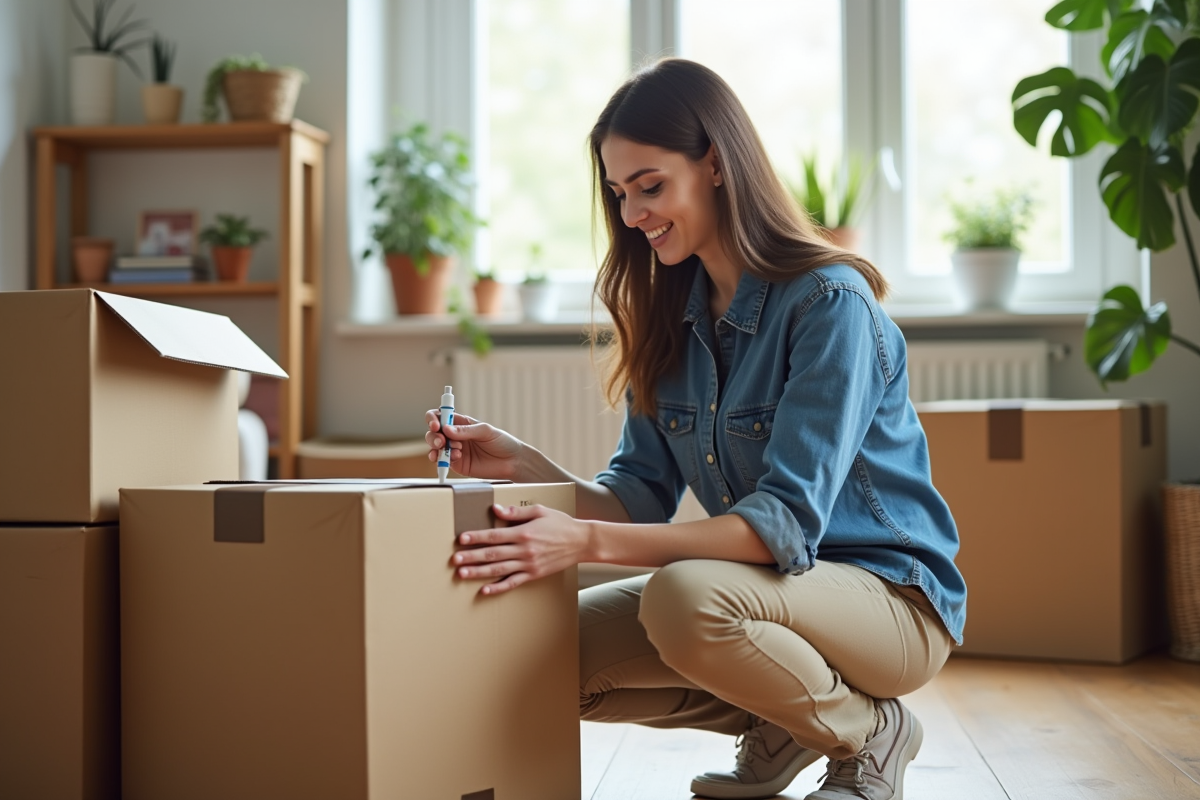 Jeune femme étiquetant une boîte de déménagement dans un salon lumineux