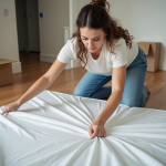 Jeune femme emballant un matelas dans un appartement moderne