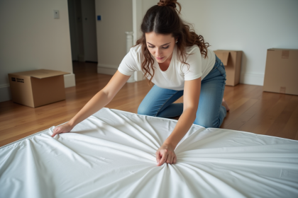 Jeune femme emballant un matelas dans un appartement moderne