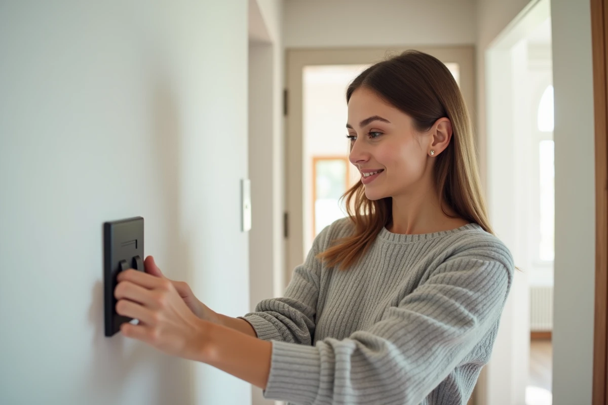 Jeune femme installant un interrupteur dans un couloir lumineux