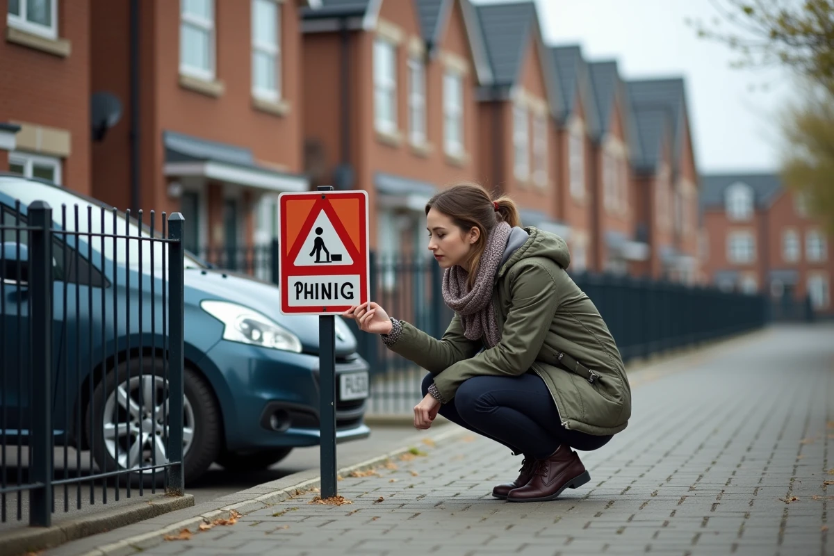Jeune femme lisant un panneau de stationnement devant une maison moderne