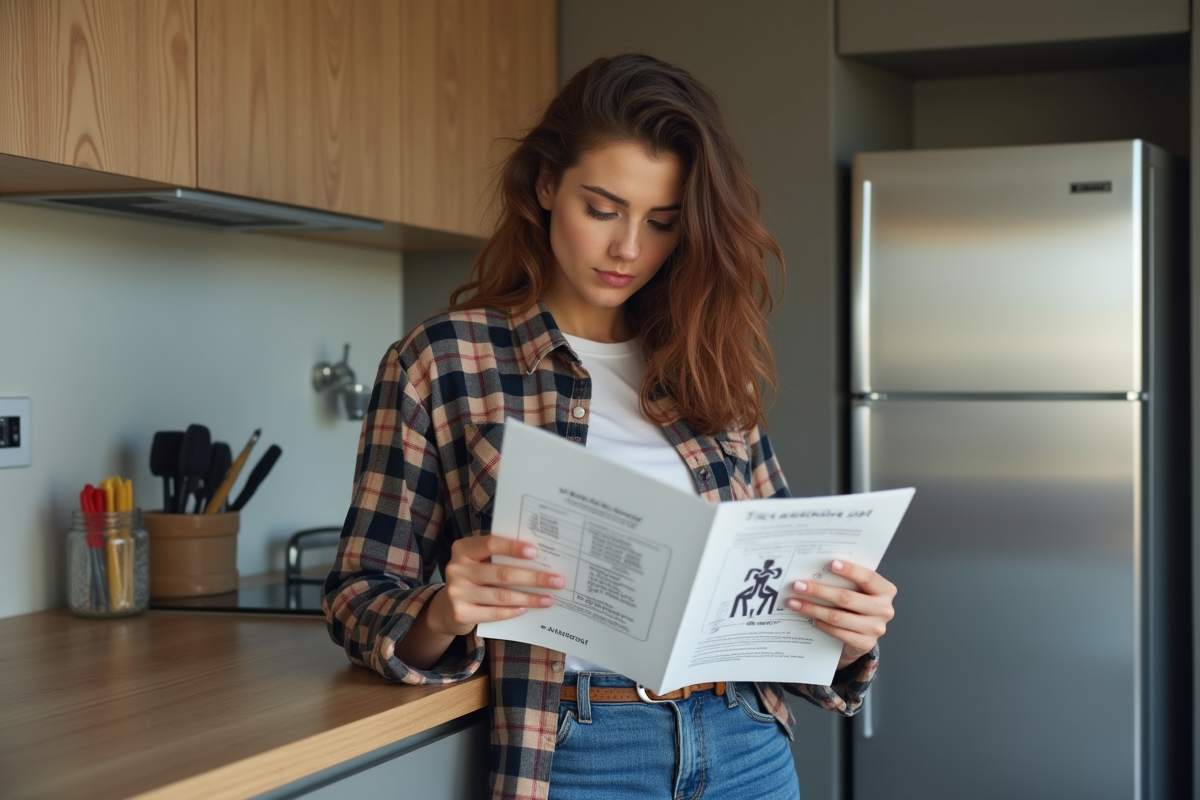 Jeune femme lisant un manuel de sécurité électrique dans la cuisine