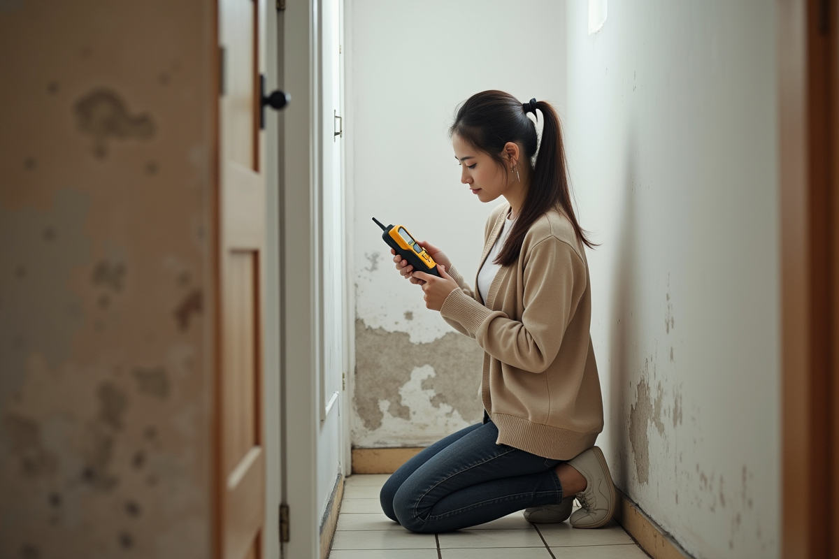 Jeune femme utilisant un humidimètre sur un mur blanc