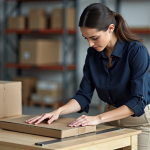 Jeune femme professionnelle mesure un carton dans un atelier moderne