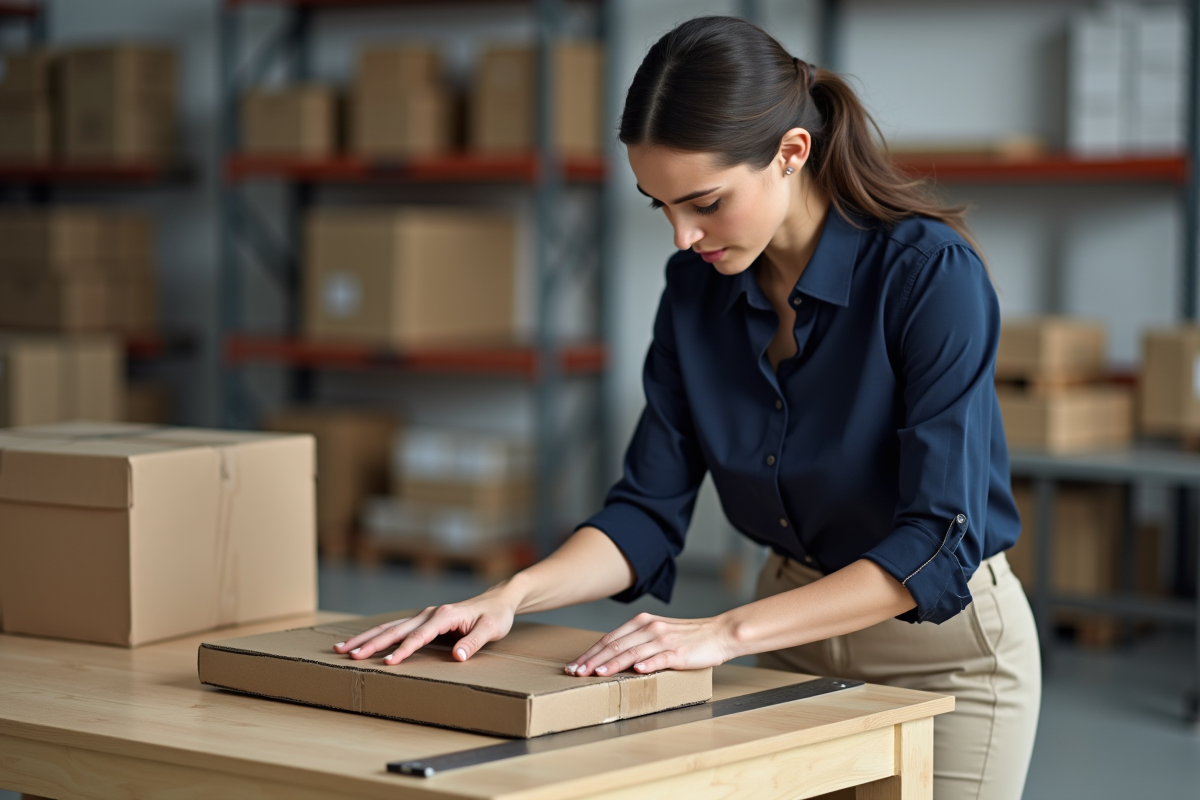 Jeune femme professionnelle mesure un carton dans un atelier moderne