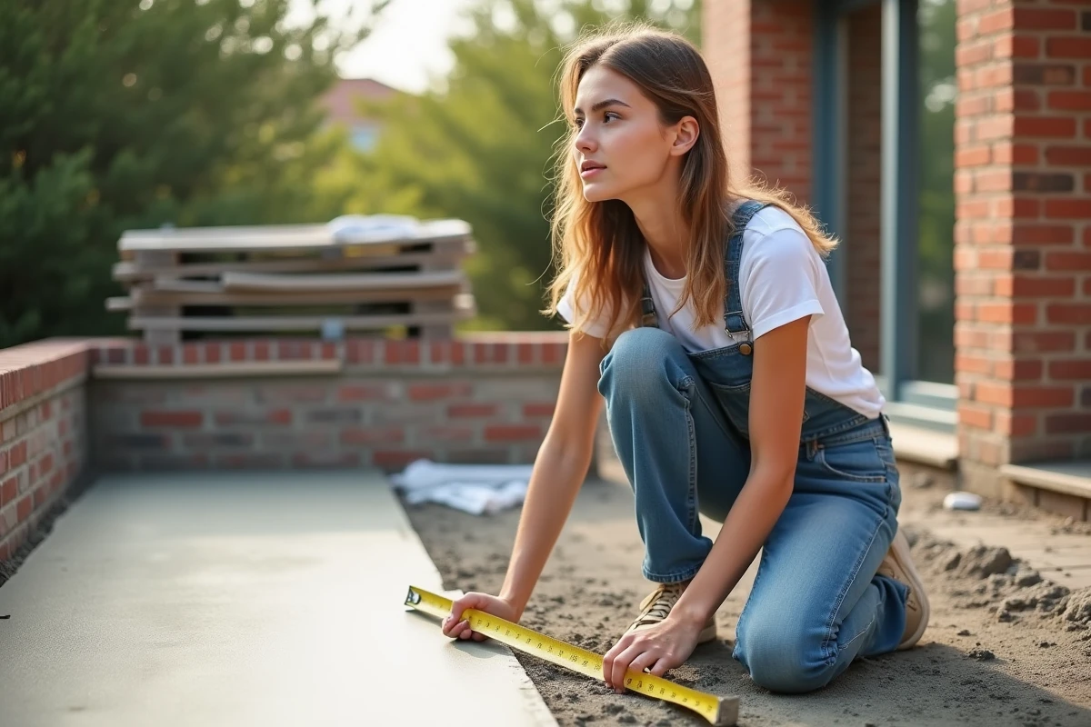 Jeune femme DIY mesurant un screed de ciment en extérieur