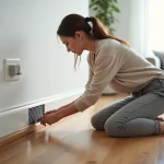 Jeune femme inspectant une sortie de radiateur moderne dans un salon lumineux