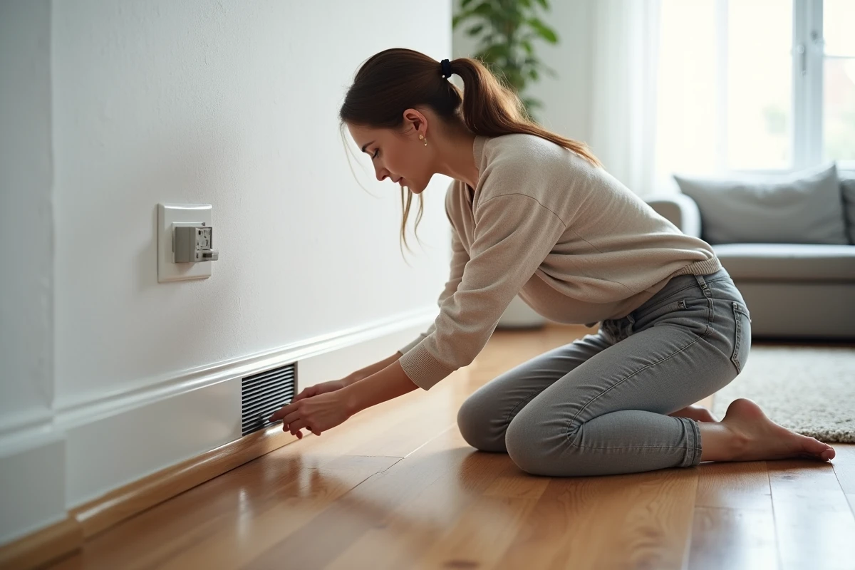 Jeune femme inspectant une sortie de radiateur moderne dans un salon lumineux
