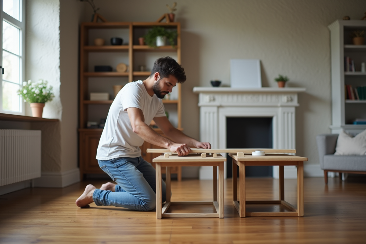 Jeune homme mesurant des tableaux dans un salon chaleureux