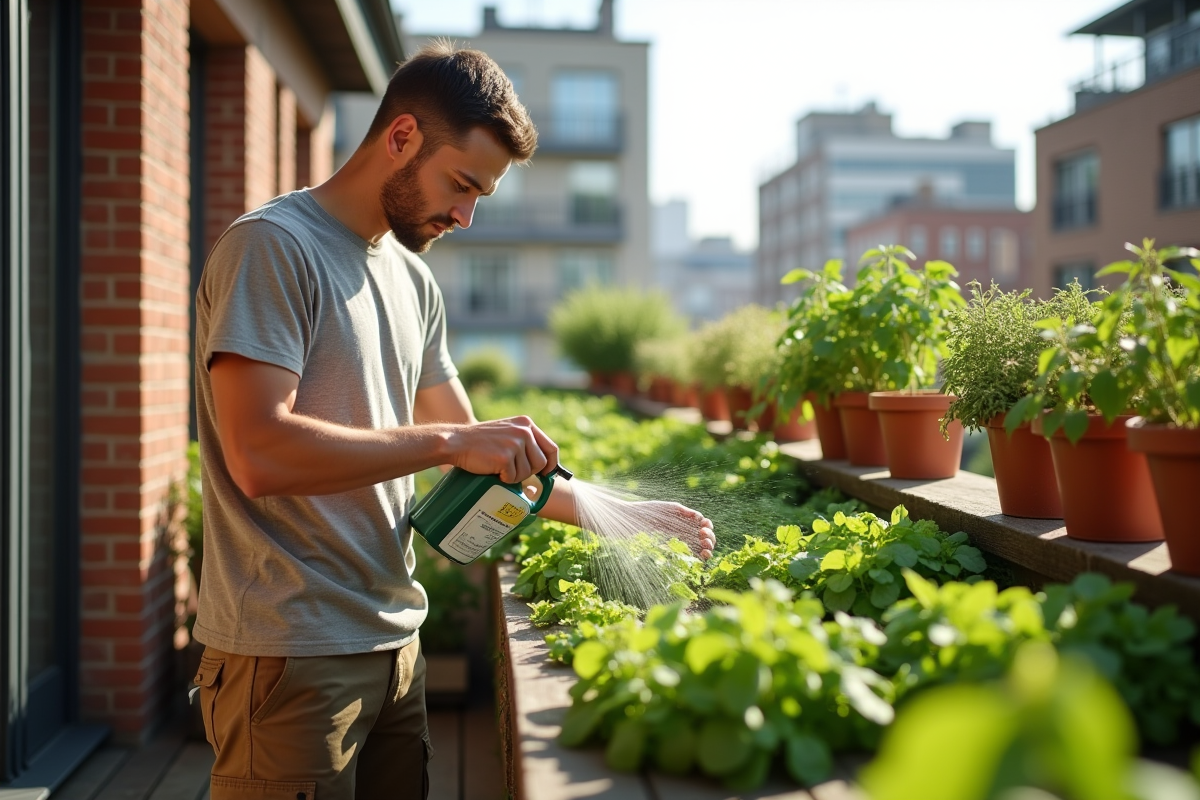 Jeune homme saupoudrant un mélange d herbes sur des plantes en pot