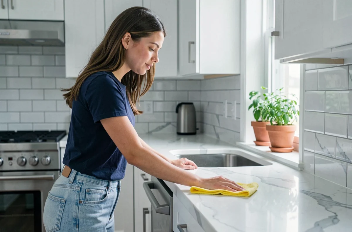 Étudiante essuyant le plan de travail en marbre d'une cuisine moderne lors d'un job de femme de ménage