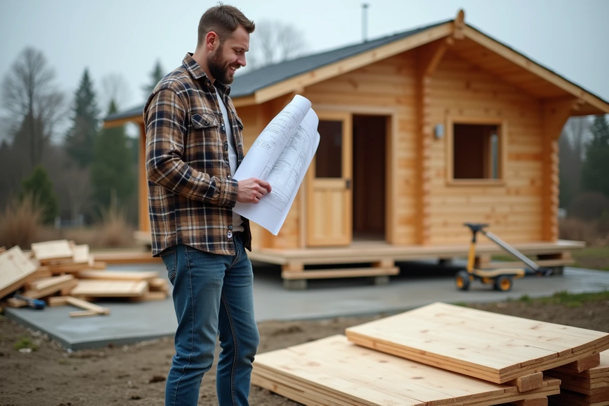 Homme consultant les plans d'assemblage d'un kit chalet en bois 20m2 sur un chantier de construction abordable