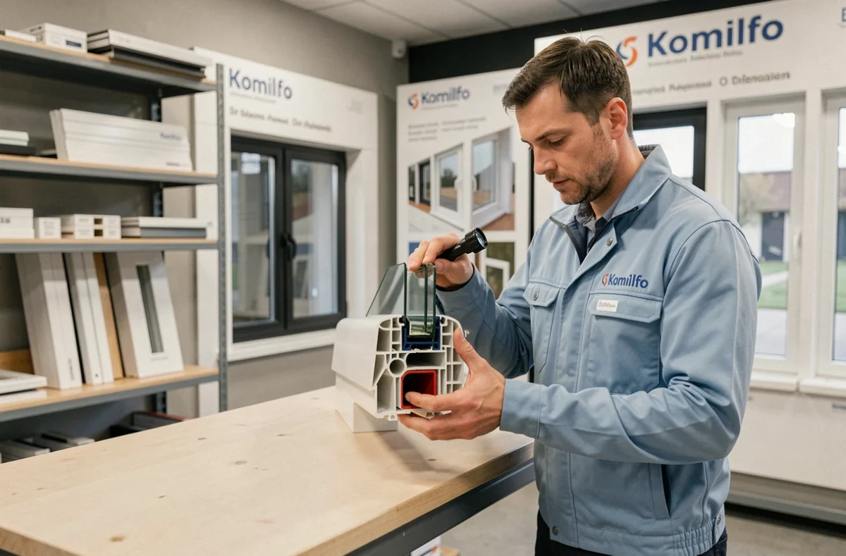 Spécialiste Komilfo examinant une coupe de profil de fenêtre PVC haute performance dans le showroom d'Orléans