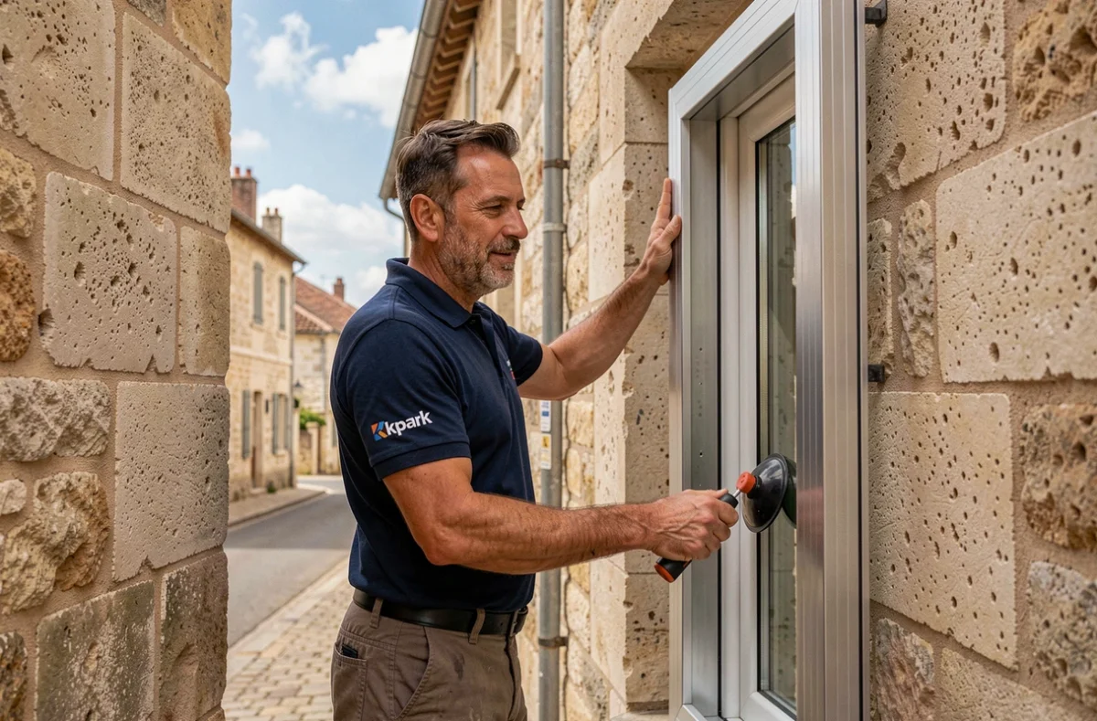 Technicien KparK installant une fenêtre en aluminium double vitrage sur une maison en pierre à Orléans