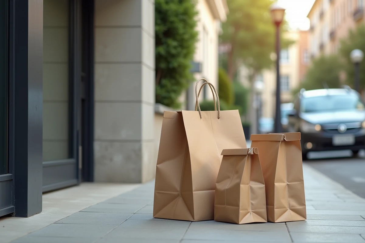 Livraison groupée Carrefour avec cartons et sacs déposés devant la porte d'un appartement en ville