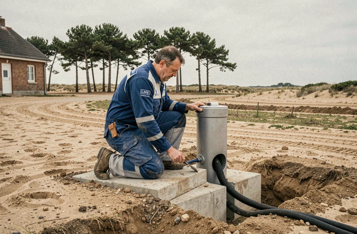 Technicien LME Energie finalisant une installation de pompe à chaleur géothermique dans les Landes
