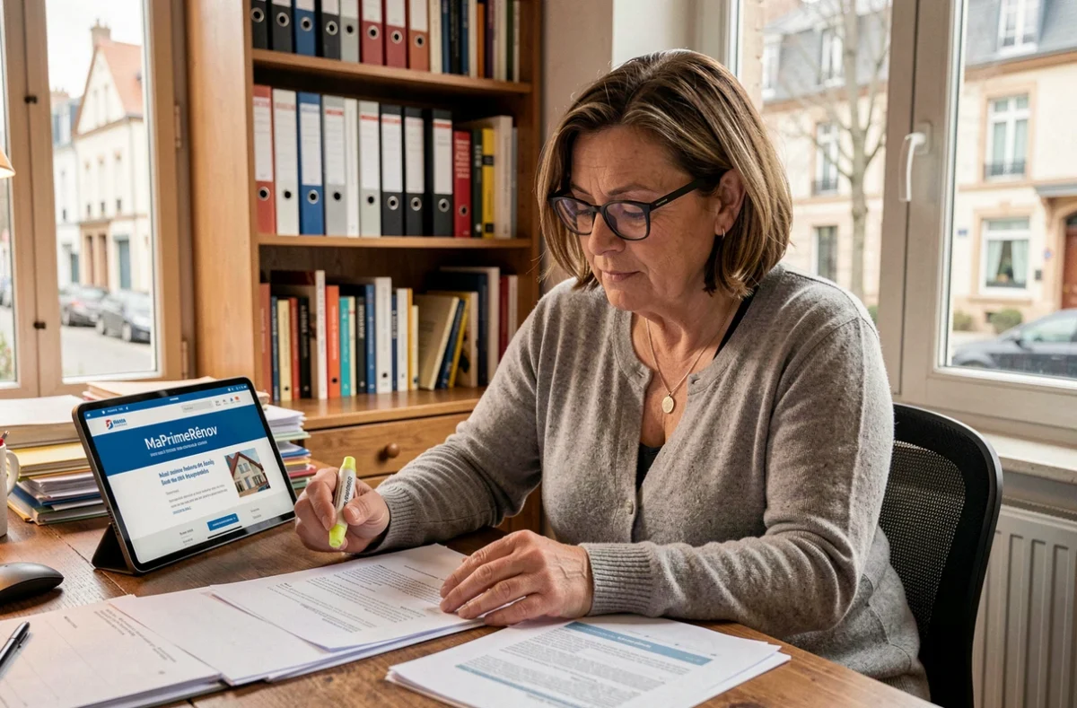 Femme consultant les documents de demande de subvention MaPrimeRénov pour une pompe à chaleur dans son bureau à domicile