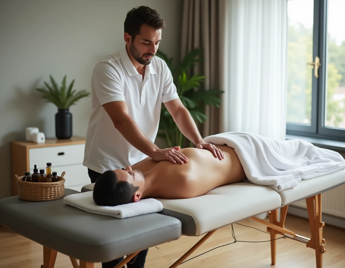 Masseur professionnel réalisant un massage à domicile sur table portable dans un appartement contemporain