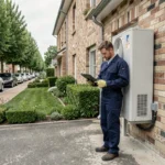 Installateur professionnel de pompe à chaleur devant une maison résidentielle dans le Val-de-Marne