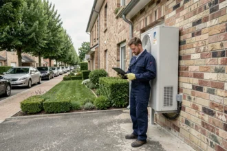 Installateur professionnel de pompe à chaleur devant une maison résidentielle dans le Val-de-Marne