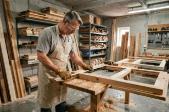 Menuisier professionnel mesurant un cadre de fenêtre en bois dans un atelier de menuiserie du Loiret