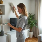 Professionnelle de ménage à domicile en uniforme gris époussetant une étagère dans un appartement parisien moderne