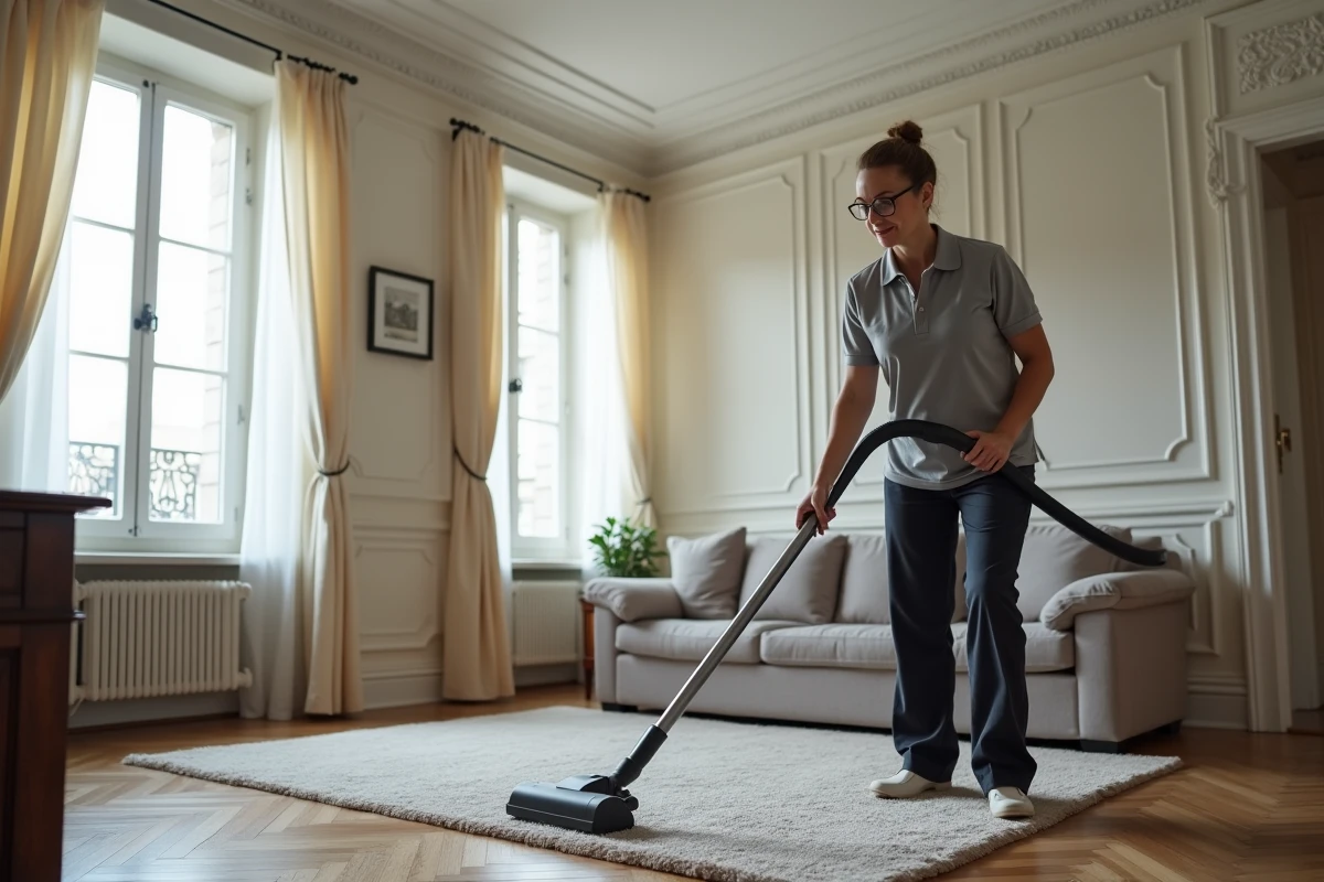 Femme de ménage passant l'aspirateur dans un salon haussmannien avec parquet et moulures à Paris