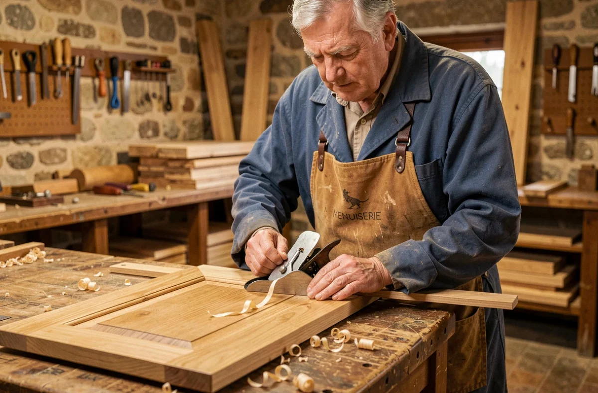 Artisan menuisier Menuiserie Picard rabotant un panneau de porte en chêne massif dans un atelier traditionnel près d'Orléans