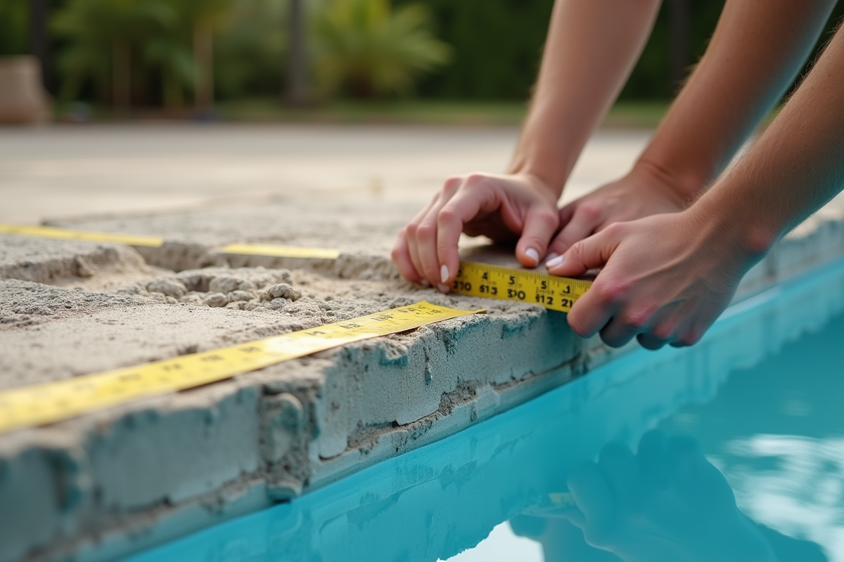 Mains mesurant la texture du béton sous la piscine avec règle