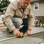 Homme mesurant une dalle de béton fraîchement coulée dans un chantier résidentiel avec un mètre ruban jaune
