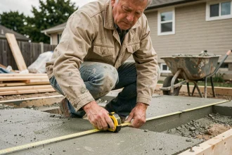 Homme mesurant une dalle de béton fraîchement coulée dans un chantier résidentiel avec un mètre ruban jaune