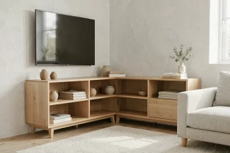 Meuble TV d'angle scandinave en chêne clair dans un salon épuré aux tons neutres