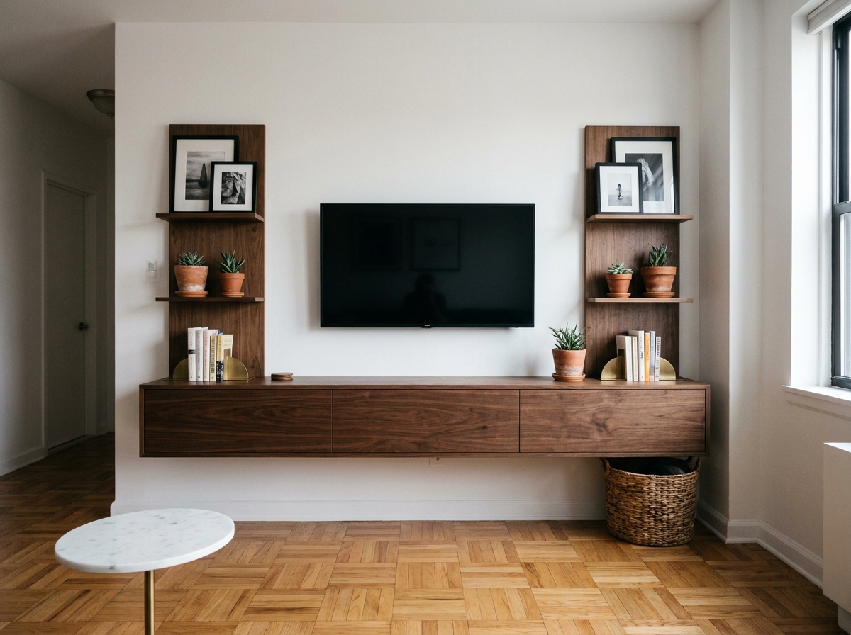 Meuble TV flottant en noyer avec étagères murales, plantes en terracotta et parquet en chevrons dans un appartement moderne