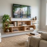 Meuble TV en bois de chêne clair avec rangements ouverts, livres et plantes dans un salon moderne et minimaliste