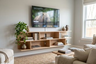 Meuble TV en bois de chêne clair avec rangements ouverts, livres et plantes dans un salon moderne et minimaliste