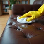Nettoyage d'une tache de gras sur un canapé en cuir marron avec un produit nettoyant et un chiffon microfibre