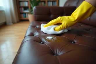 Nettoyage d'une tache de gras sur un canapé en cuir marron avec un produit nettoyant et un chiffon microfibre