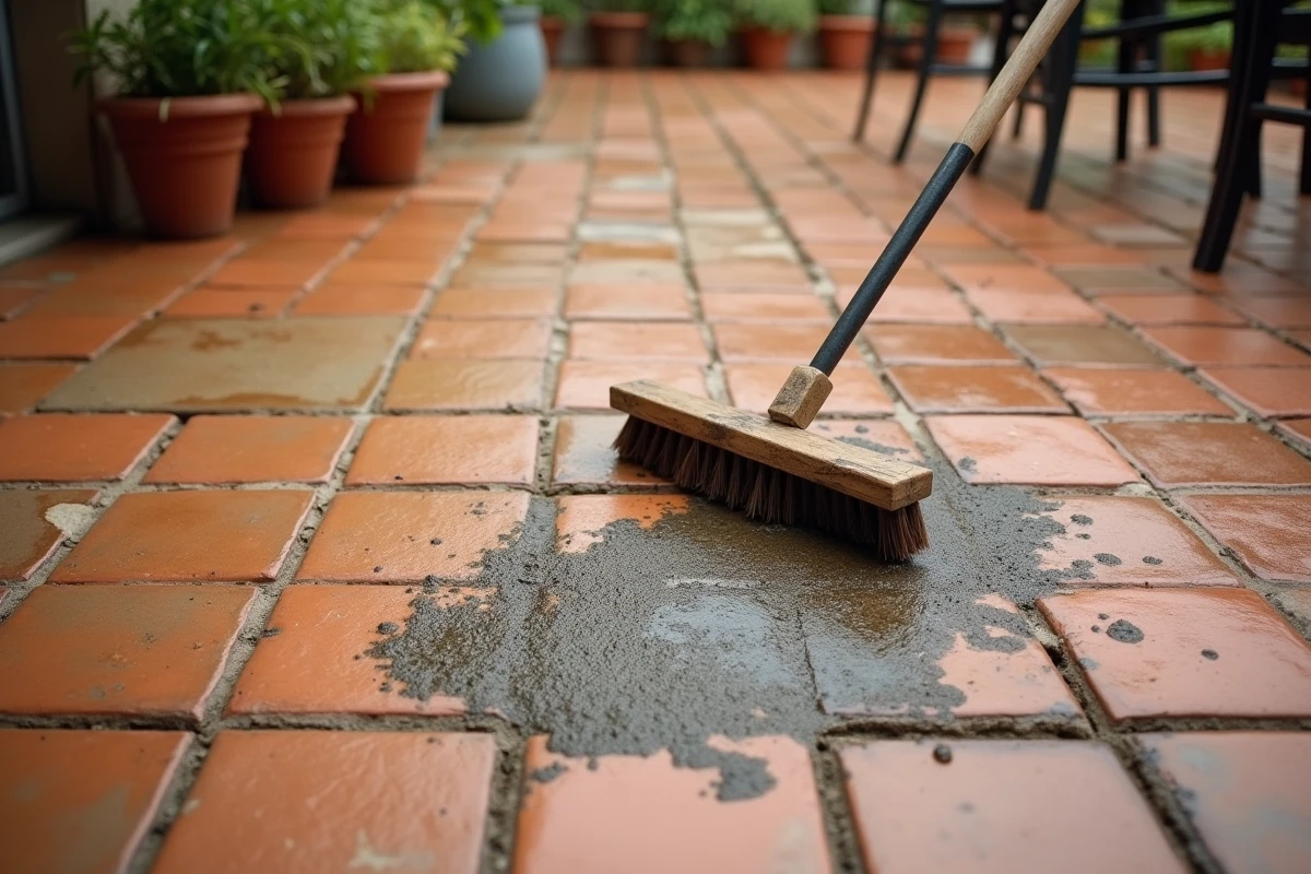 Vue aérienne d'une terrasse en carrelage terre cuite en cours de nettoyage, contraste entre zone propre et zone encrassée par les algues