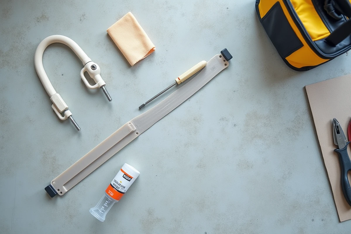 Vue de dessus des outils et accessoires nécessaires à l'entretien d'une pince protège-doigt de porte, incluant lubrifiant silicone, tournevis et chiffon microfibre