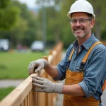 Ouvrier en tenue de chantier près d'une clôture en bois