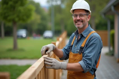 Ouvrier en tenue de chantier près d'une clôture en bois