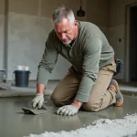 Ouvrier en construction versant du ciment avec précision