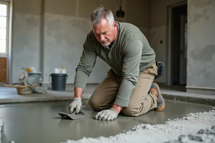 Ouvrier en construction versant du ciment avec précision