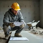 Ouvrier de chantier consultant un tableau de dosage chape maigre sur un sol en béton fraîchement coulé
