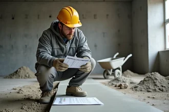 Ouvrier de chantier consultant un tableau de dosage chape maigre sur un sol en béton fraîchement coulé