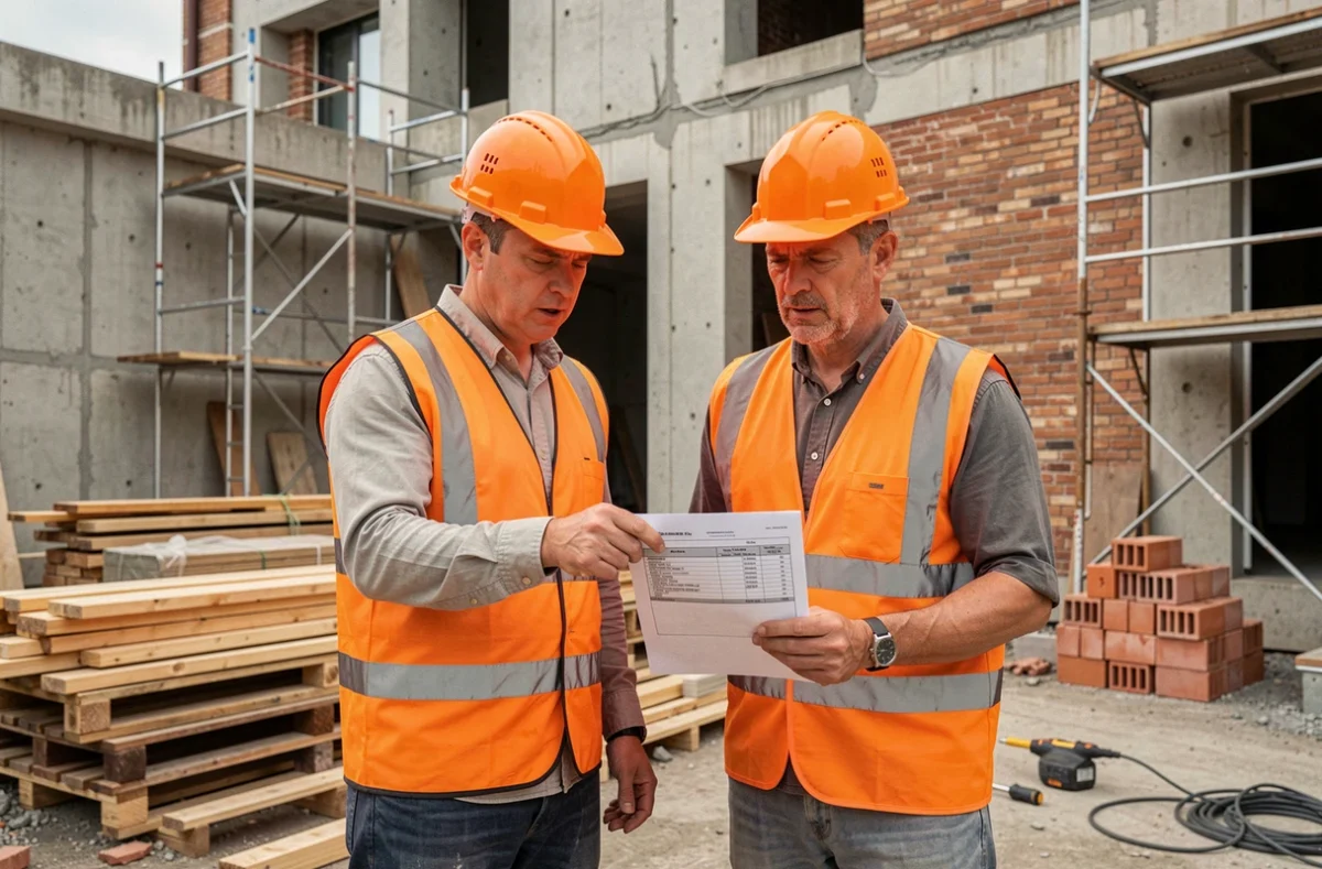 Deux ouvriers du bâtiment discutant des variations de prix sur un devis de matériaux sur un chantier