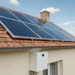 Panneau solaire 300W installé sur un toit résidentiel avec une batterie de stockage montée sur le mur extérieur