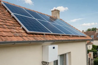 Panneau solaire 300W installé sur un toit résidentiel avec une batterie de stockage montée sur le mur extérieur
